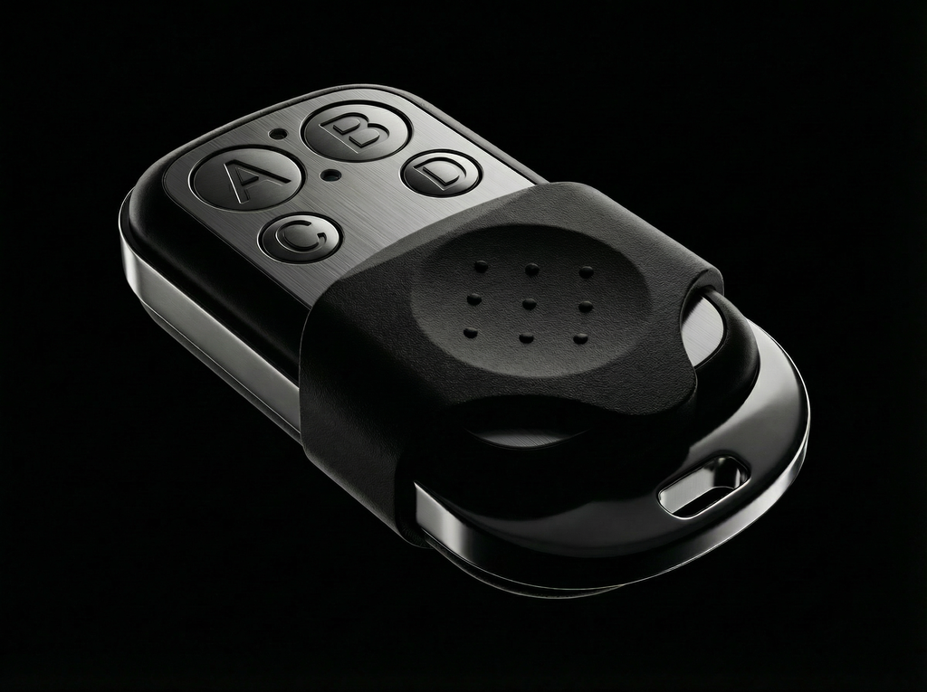 Black remote control with buttons on a black background
