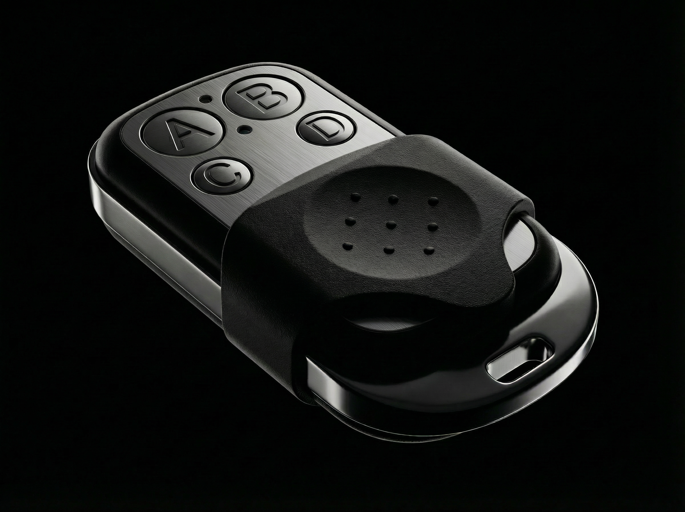 Black remote control with buttons on a black background