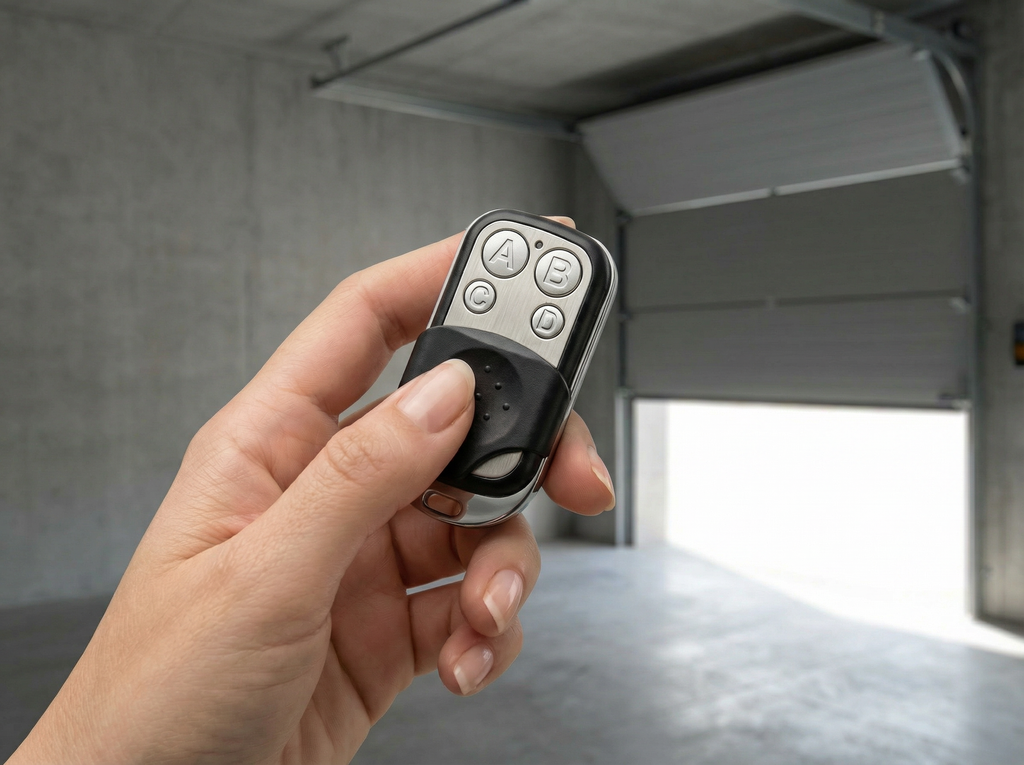 Hand holding a garage door remote control with a garage door in the background