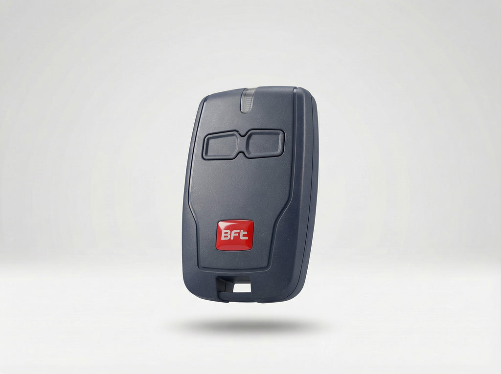 Gray remote control with a red logo on a white background