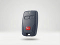 Gray remote control with a red logo on a white background