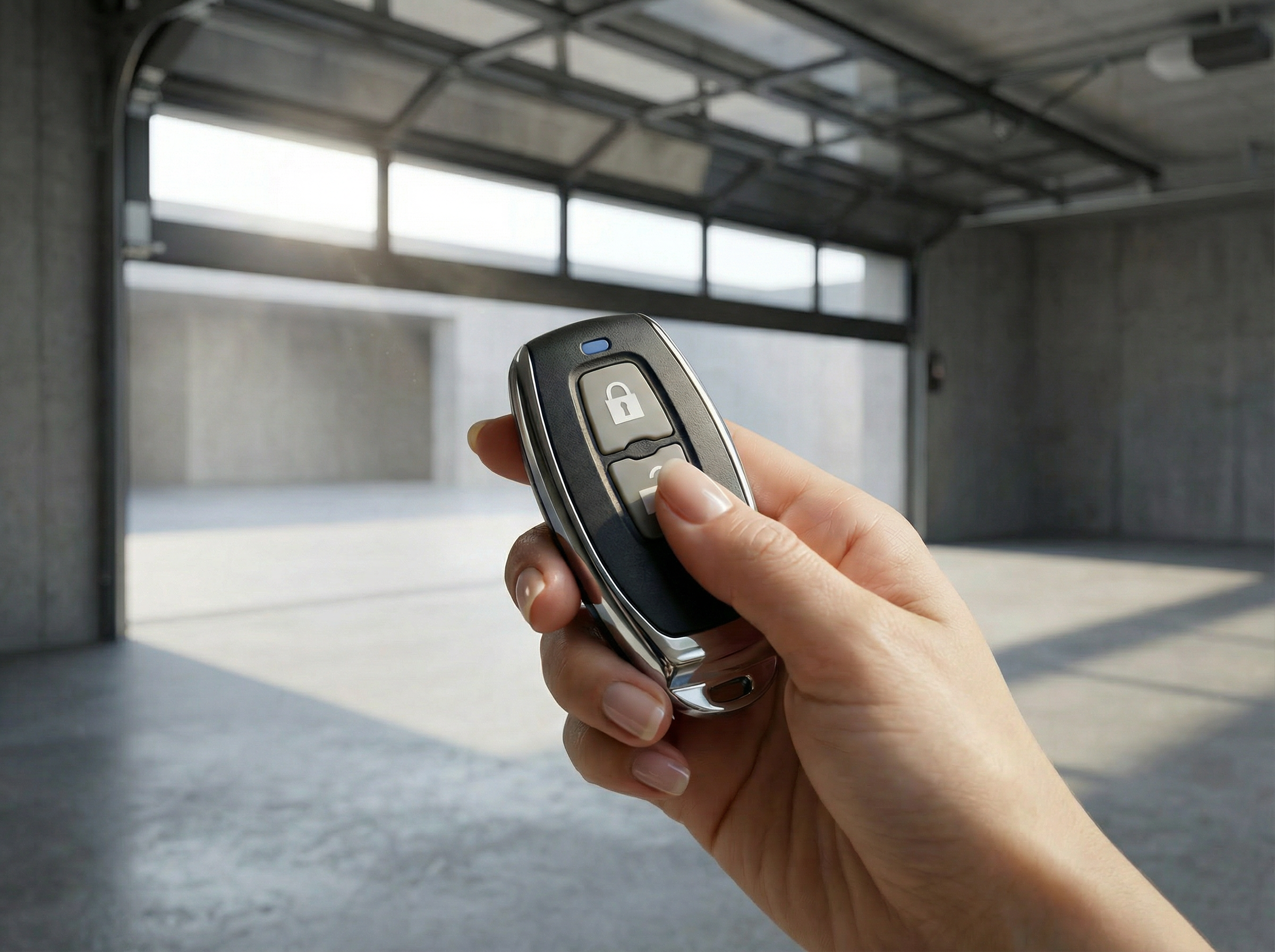 Hand holding a car key fob in front of an open garage door