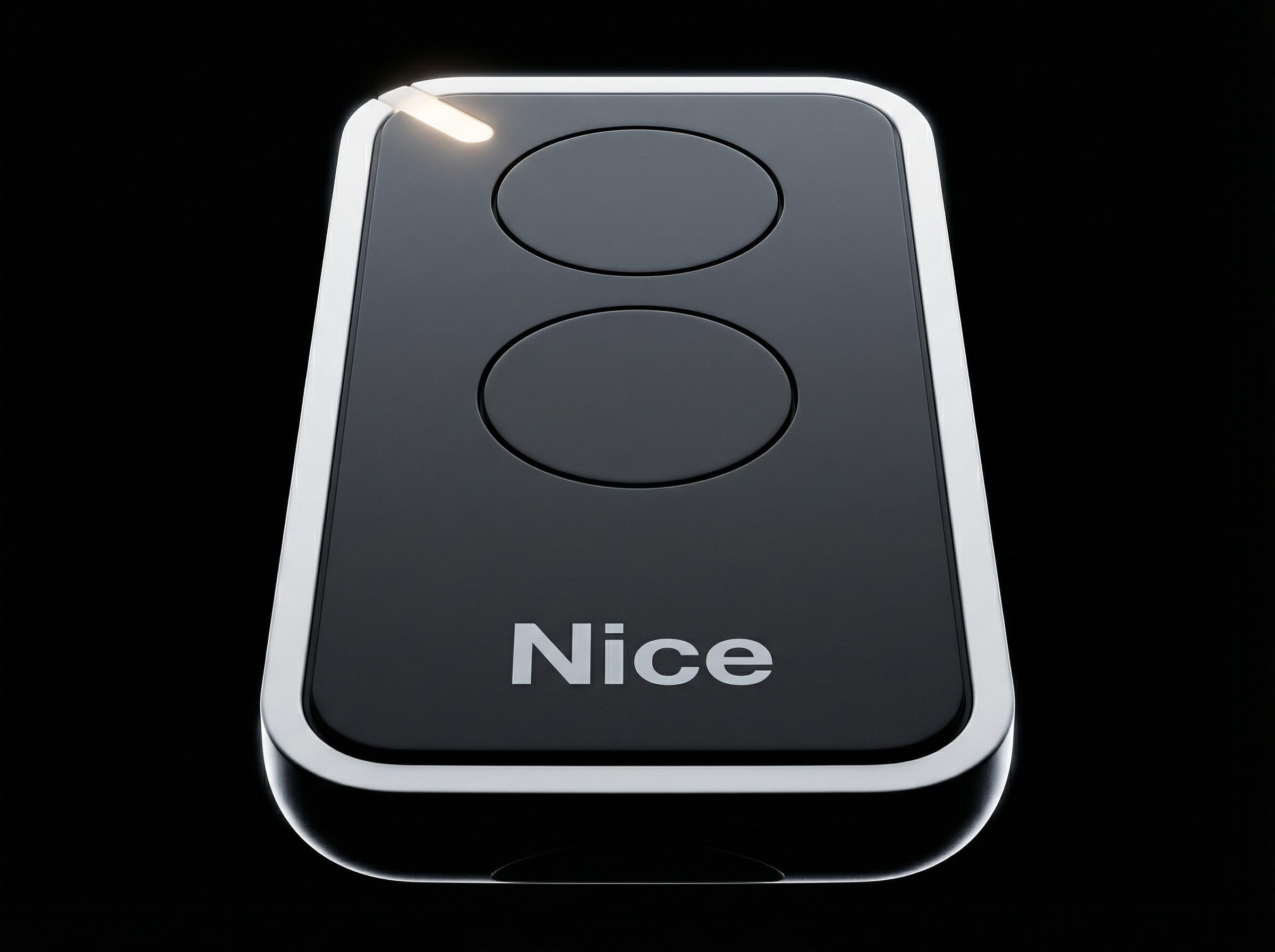 Black remote control with 'Nice' branding on a black background