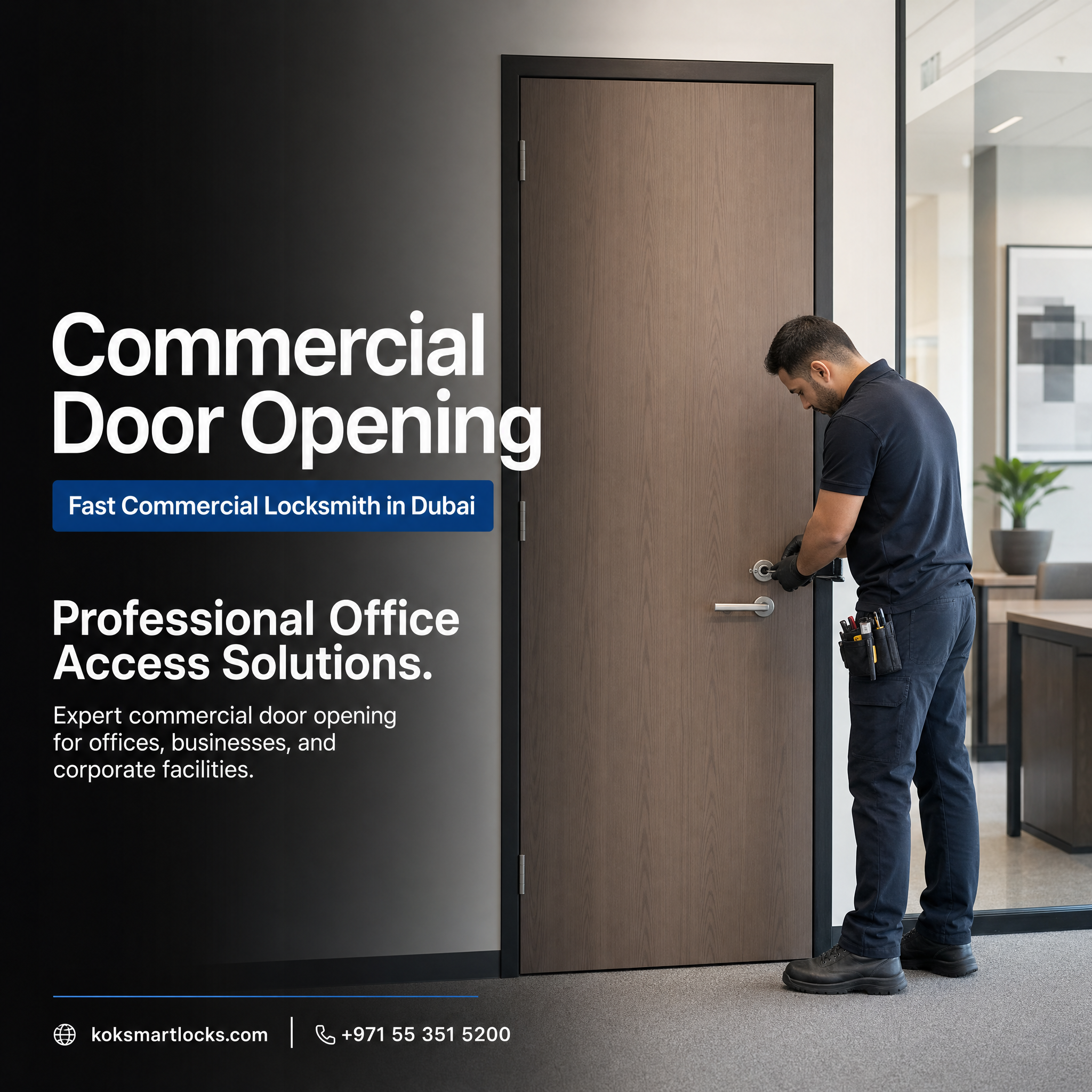 A commercial locksmith service advertisement showing a man in a dark uniform working on a wood-grain office door, with large text on the left reading 'Commercial Door Opening' and 'Fast Commercial Locksmith in Dubai'.