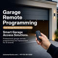 Promotional graphic for garage remote programming, showing a hand holding a smart garage remote key fob in front of an open garage door. Large text reads 'Garage Remote Programming' and 'Smart Garage Access Solutions.