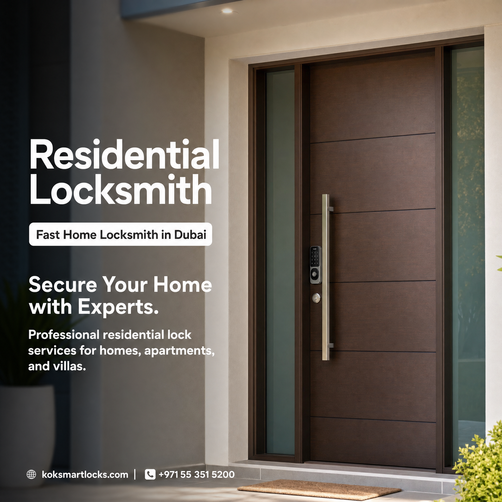 Promotional graphic for a residential locksmith service, featuring a modern dark brown front door with a vertical handle and electronic lock, alongside large white text reading 'Residential Locksmith' and 'Secure Your Home with Experts.'.