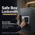 A digital lockbox safe in dark gray with a keypad and dial, shown with a person's hands interacting with the lock mechanism. Large text on the left reads 'Safe Box Locksmith' and 'Professional Safe Opening in Dubai'.