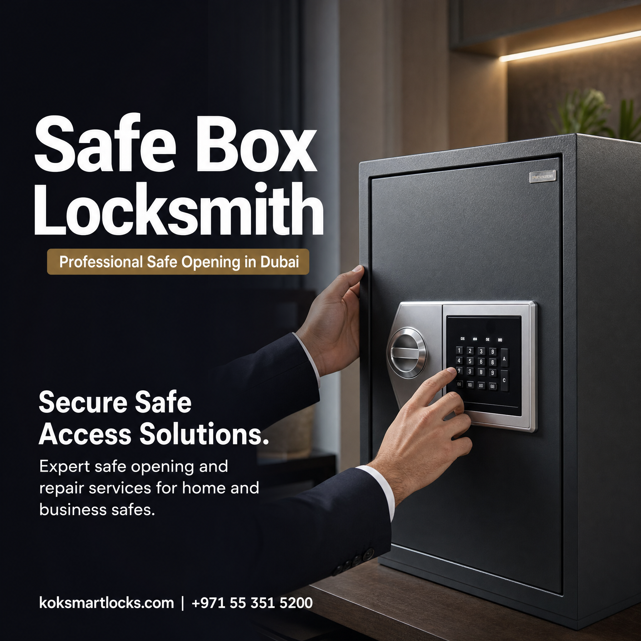 A digital lockbox safe in dark gray with a keypad and dial, shown with a person's hands interacting with the lock mechanism. Large text on the left reads 'Safe Box Locksmith' and 'Professional Safe Opening in Dubai'.