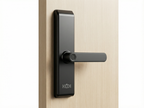 Black door handle with lock on a wooden door