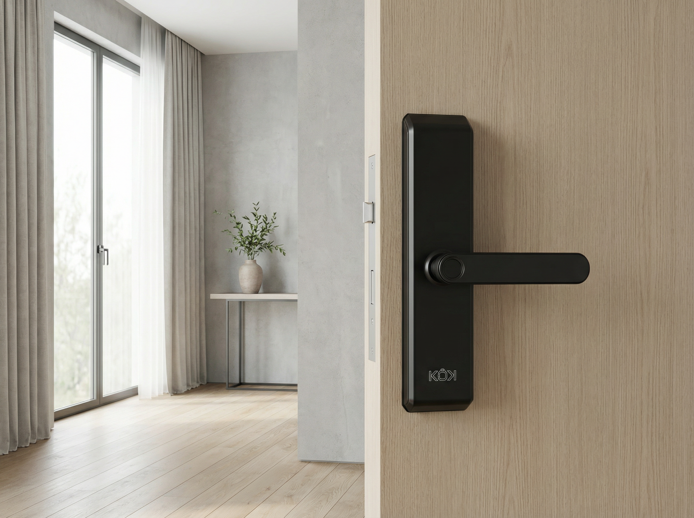 Black door handle on a wooden door with a modern interior setting