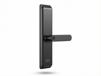 Black door handle with lock on a white background