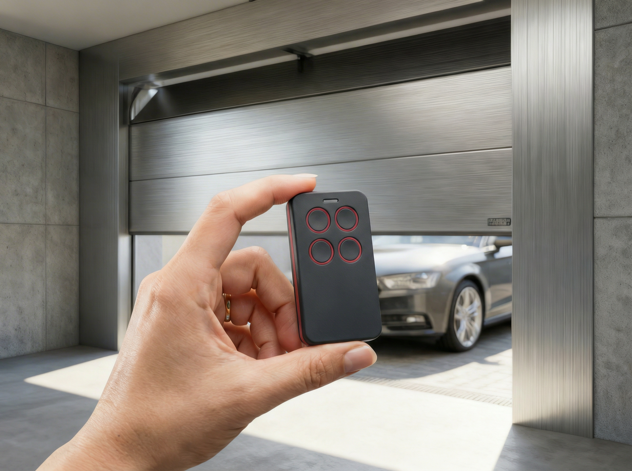 Hand holding a garage door remote control in front of an open garage with a car inside.