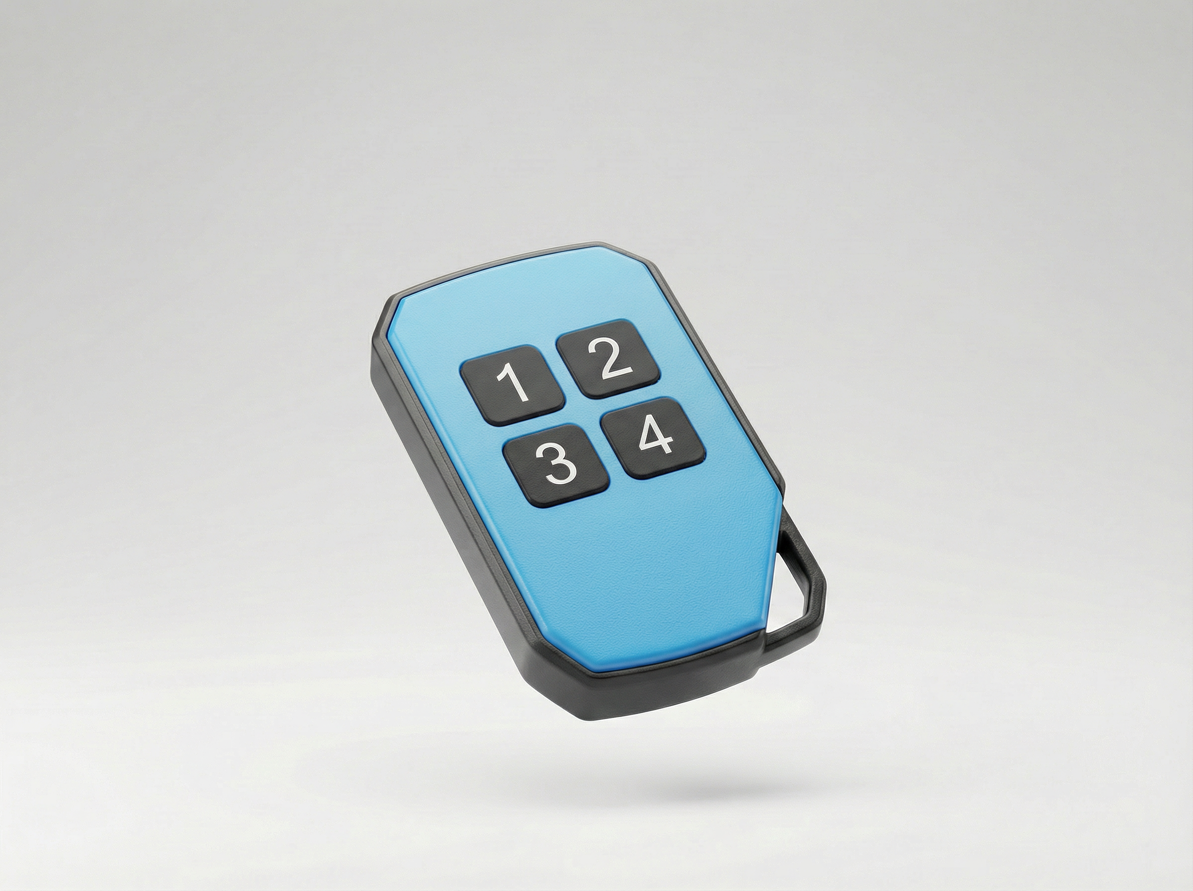 Blue remote control with number buttons on a light gray background
