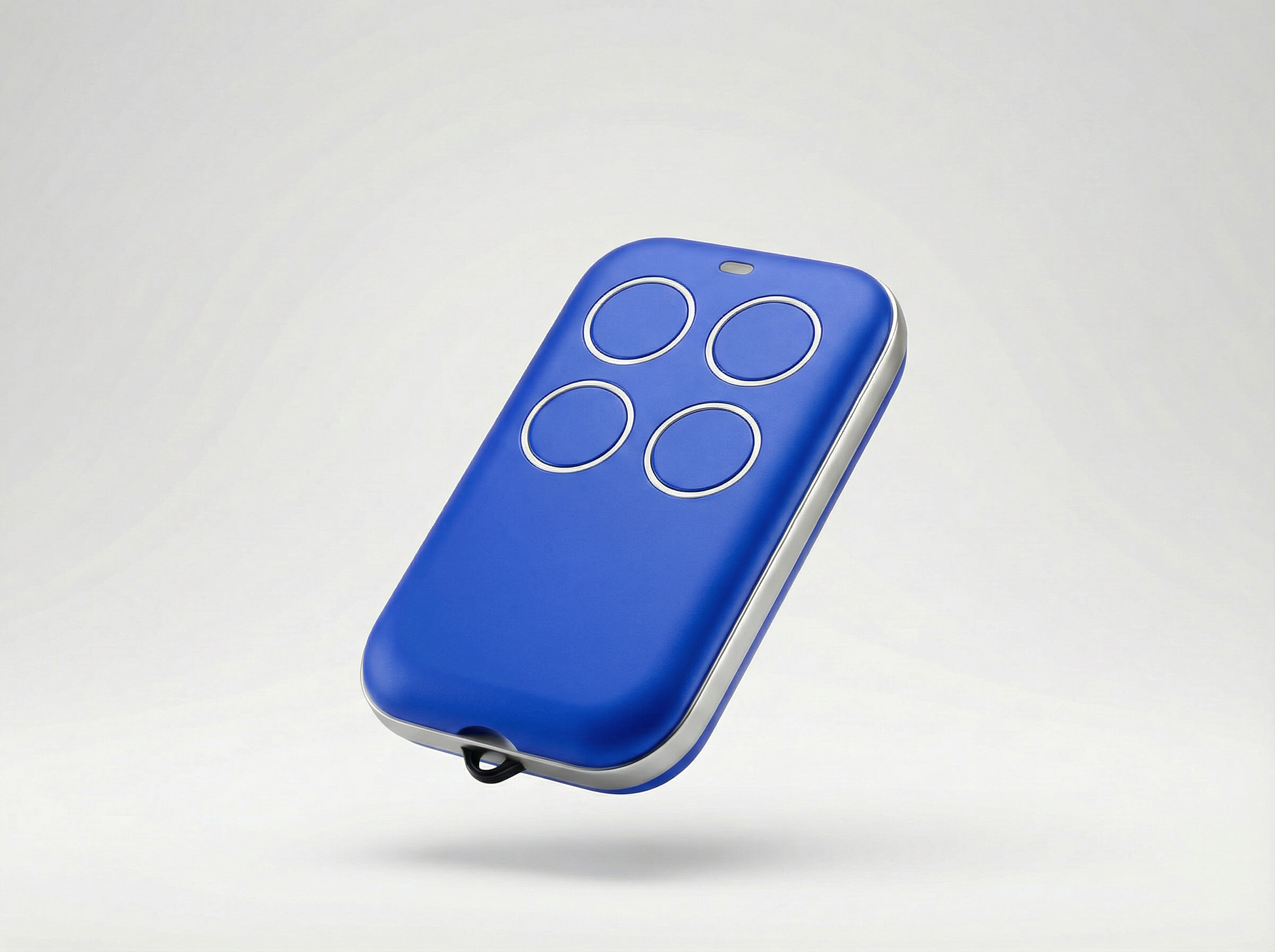 Blue remote control with four buttons on a light gray background