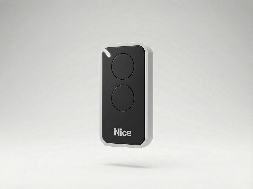 Black remote control with 'Nice' branding on a light gray background