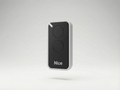 Black remote control with 'Nice' branding on a light gray background