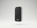 Black remote control with 'Nice' branding on a light gray background