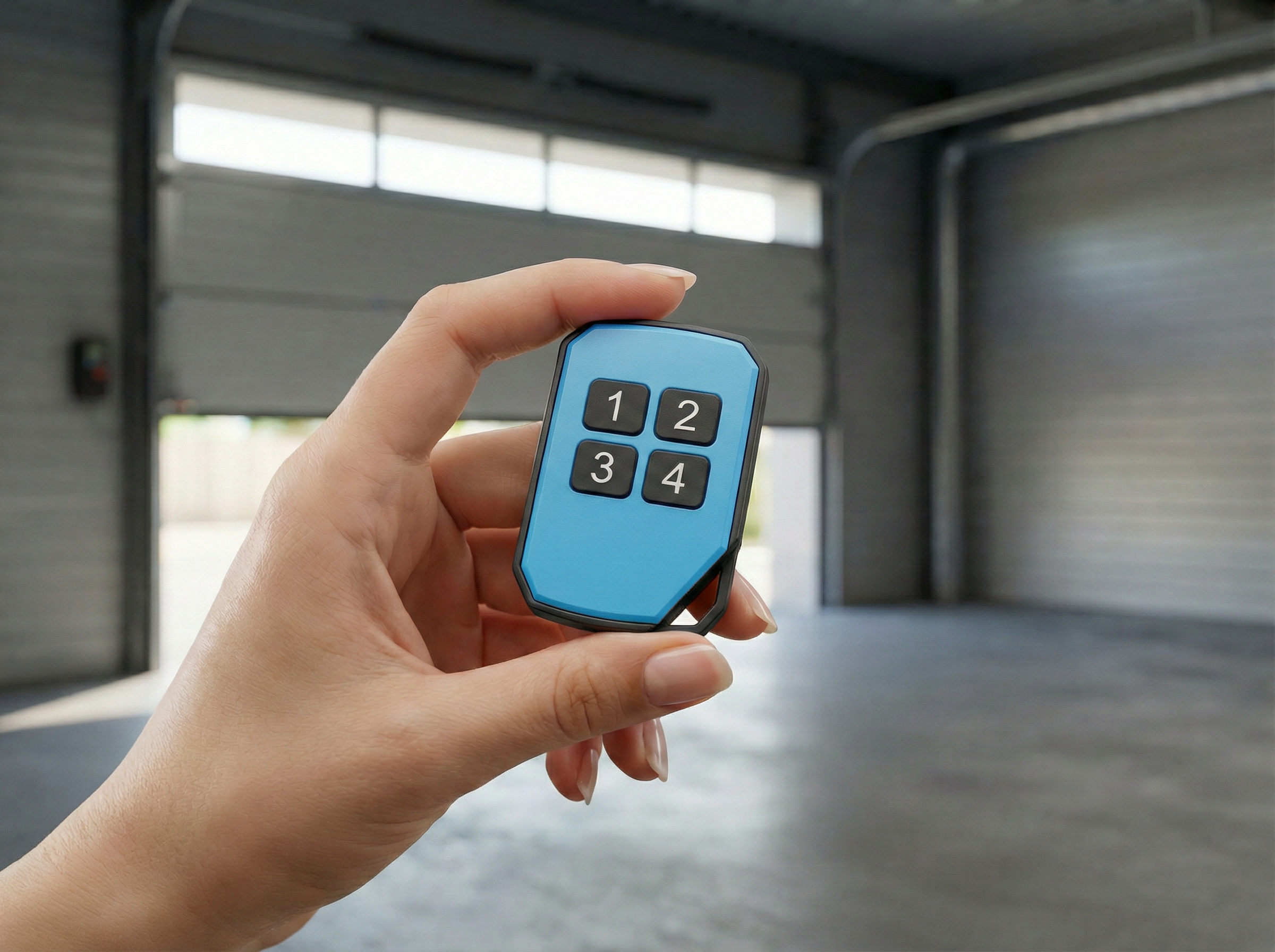 Hand holding a blue garage door remote control in front of a garage.