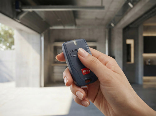 Hand holding a remote control in front of an open garage door