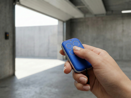 Hand holding a blue remote control in front of an open garage door.