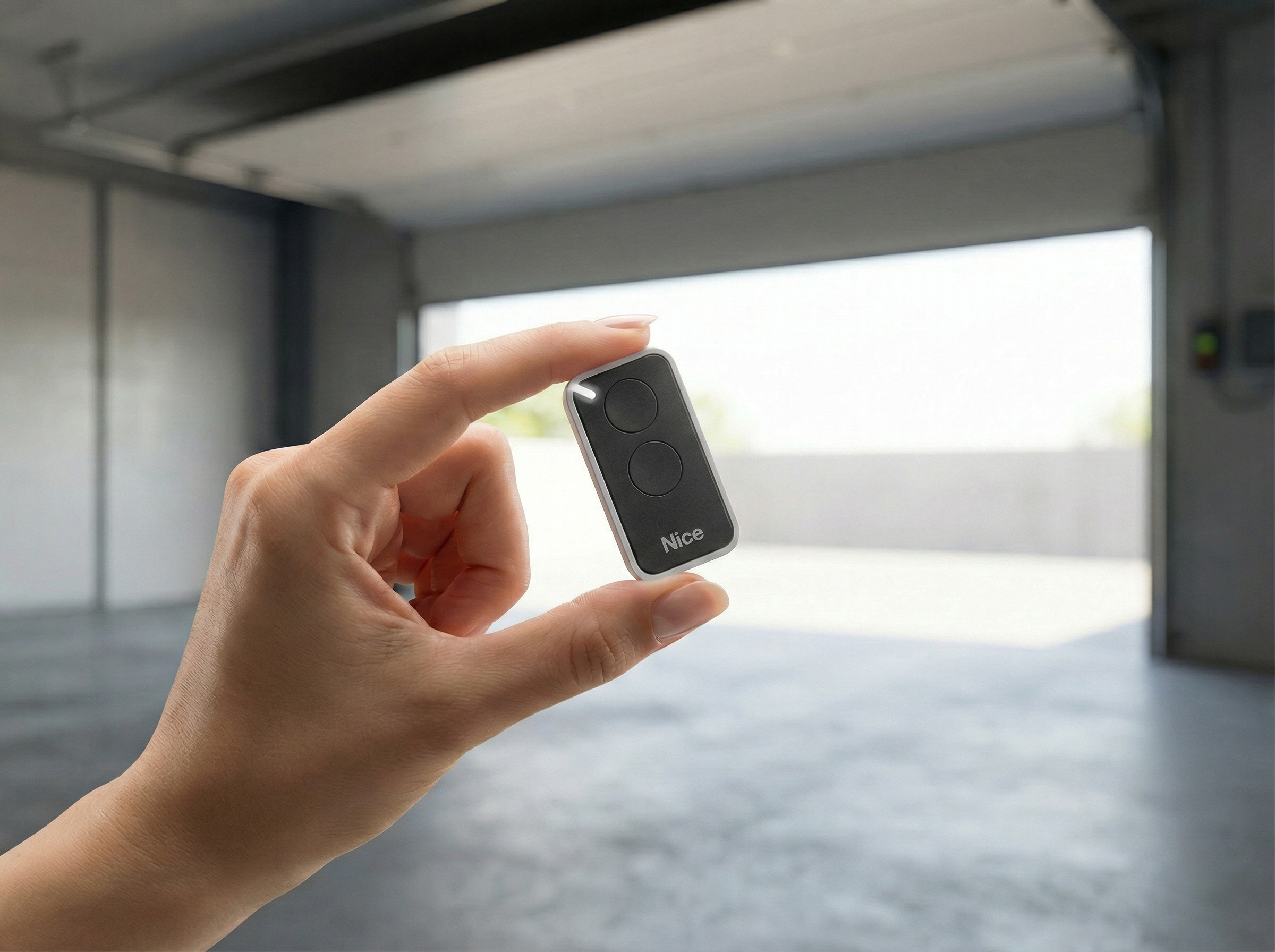 Hand holding a small black device labeled 'Nice' in front of a garage door.