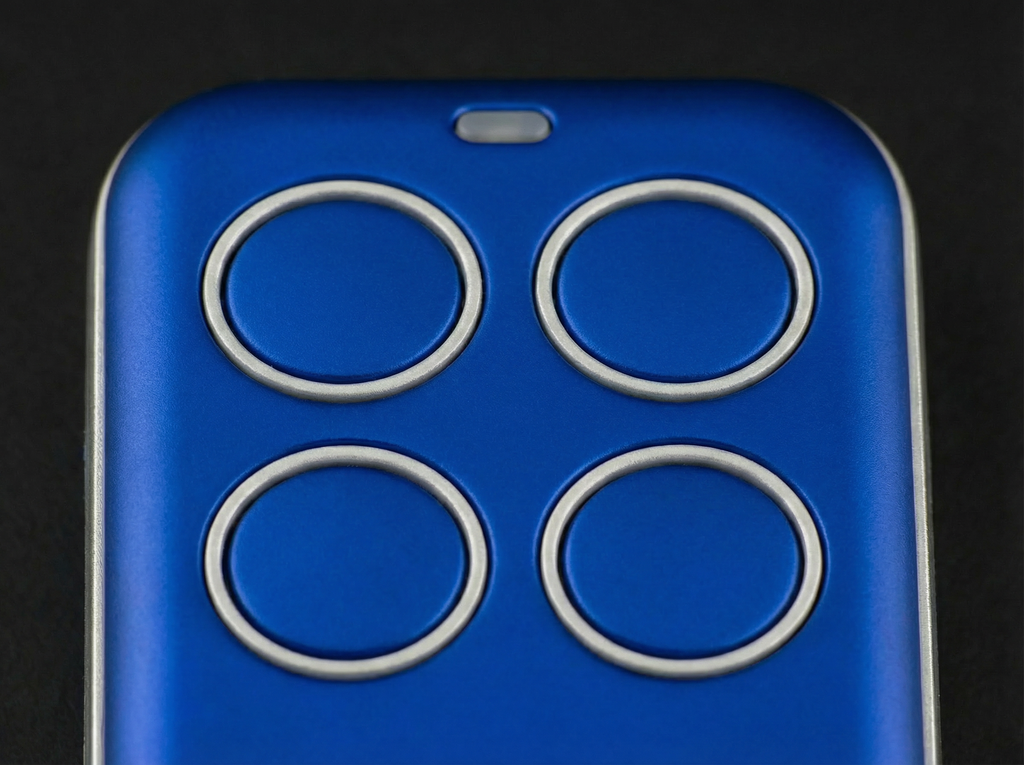 Blue phone case with four circular cutouts on a black background