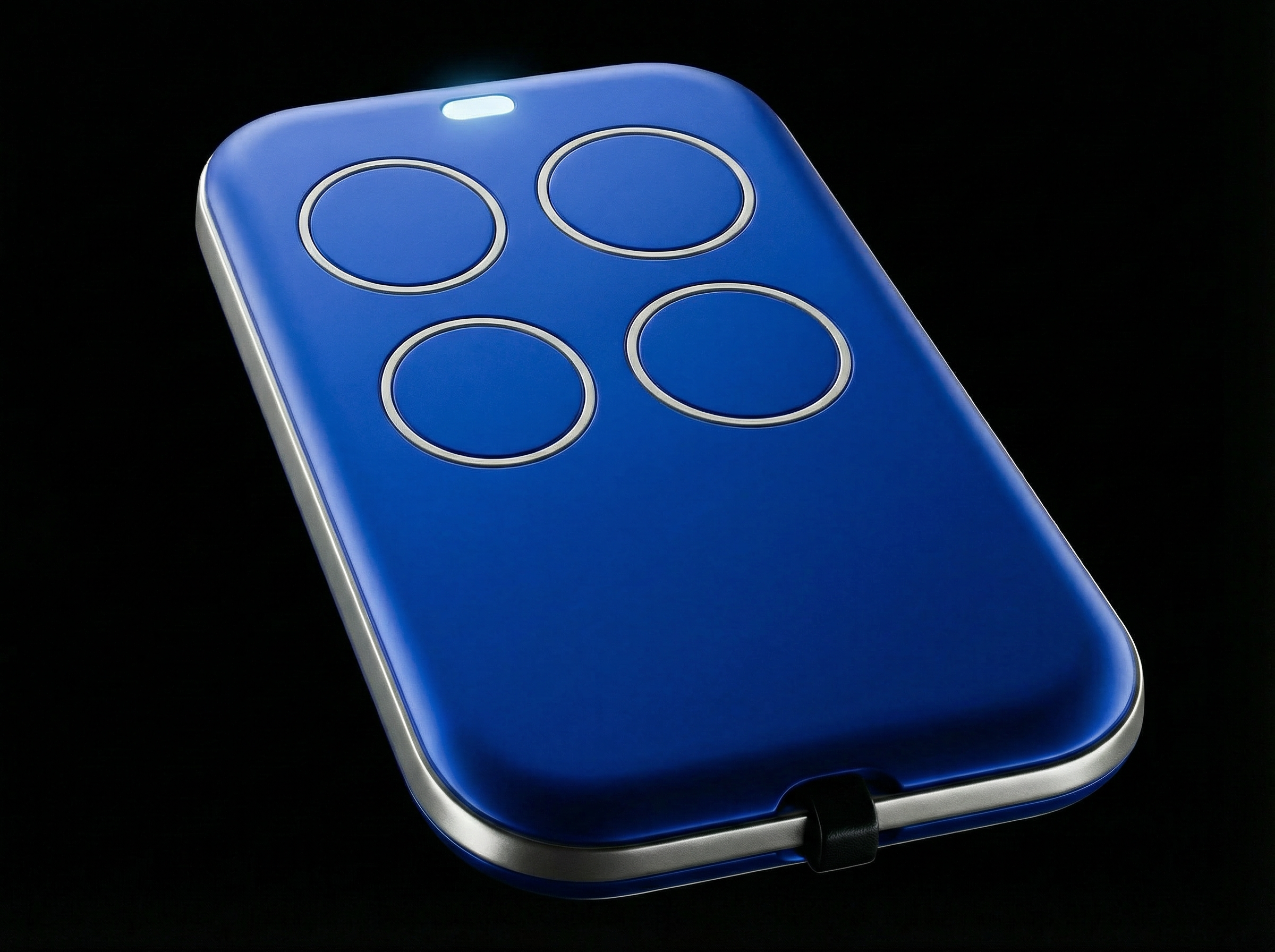 Blue remote control with four circular buttons on a black background