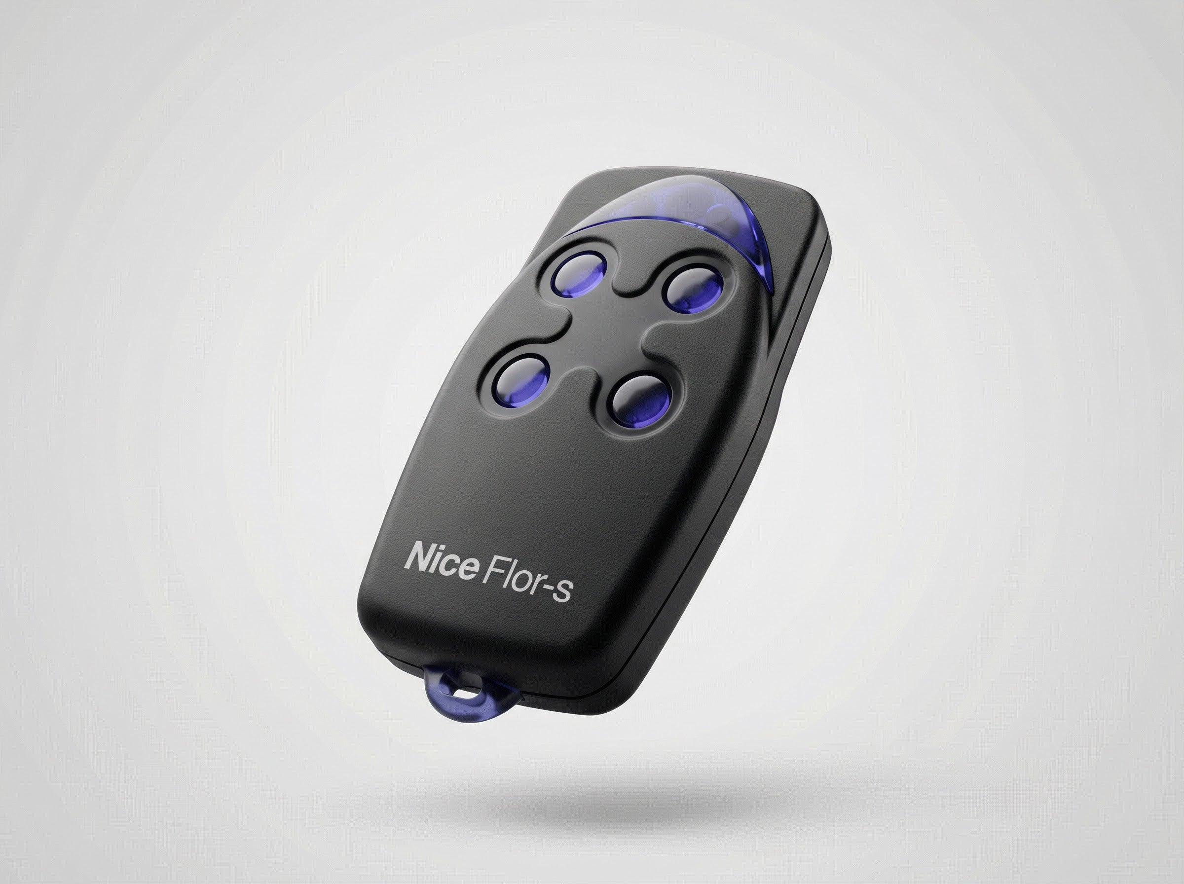 Black remote control with 'Nice Flor-S' branding on a light gray background