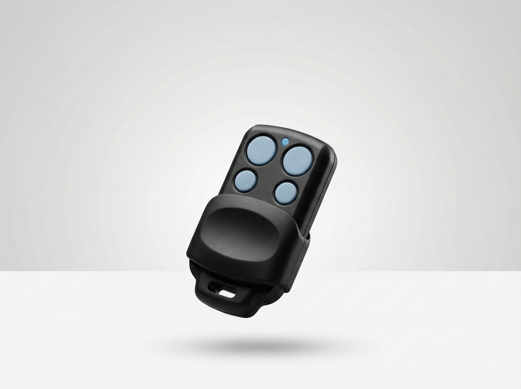 Black remote control with blue buttons on a white background
