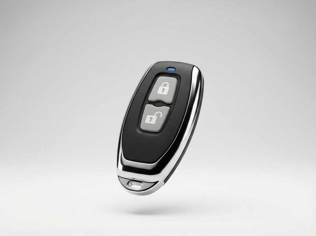 Car key fob with lock and unlock buttons on a light gray background