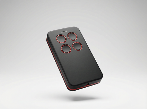 Black remote control with red buttons on a gray background