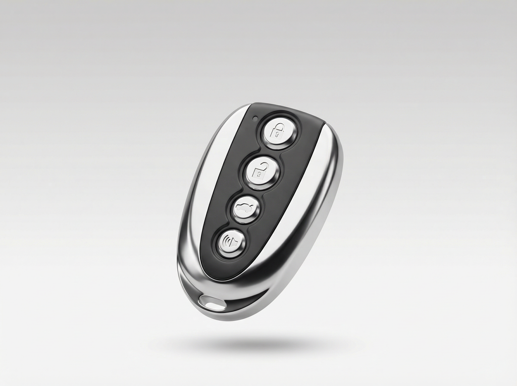 Black and silver remote control on a light gray background