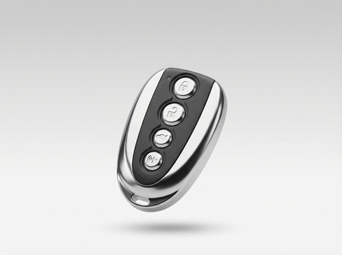 Black and silver remote control on a light gray background