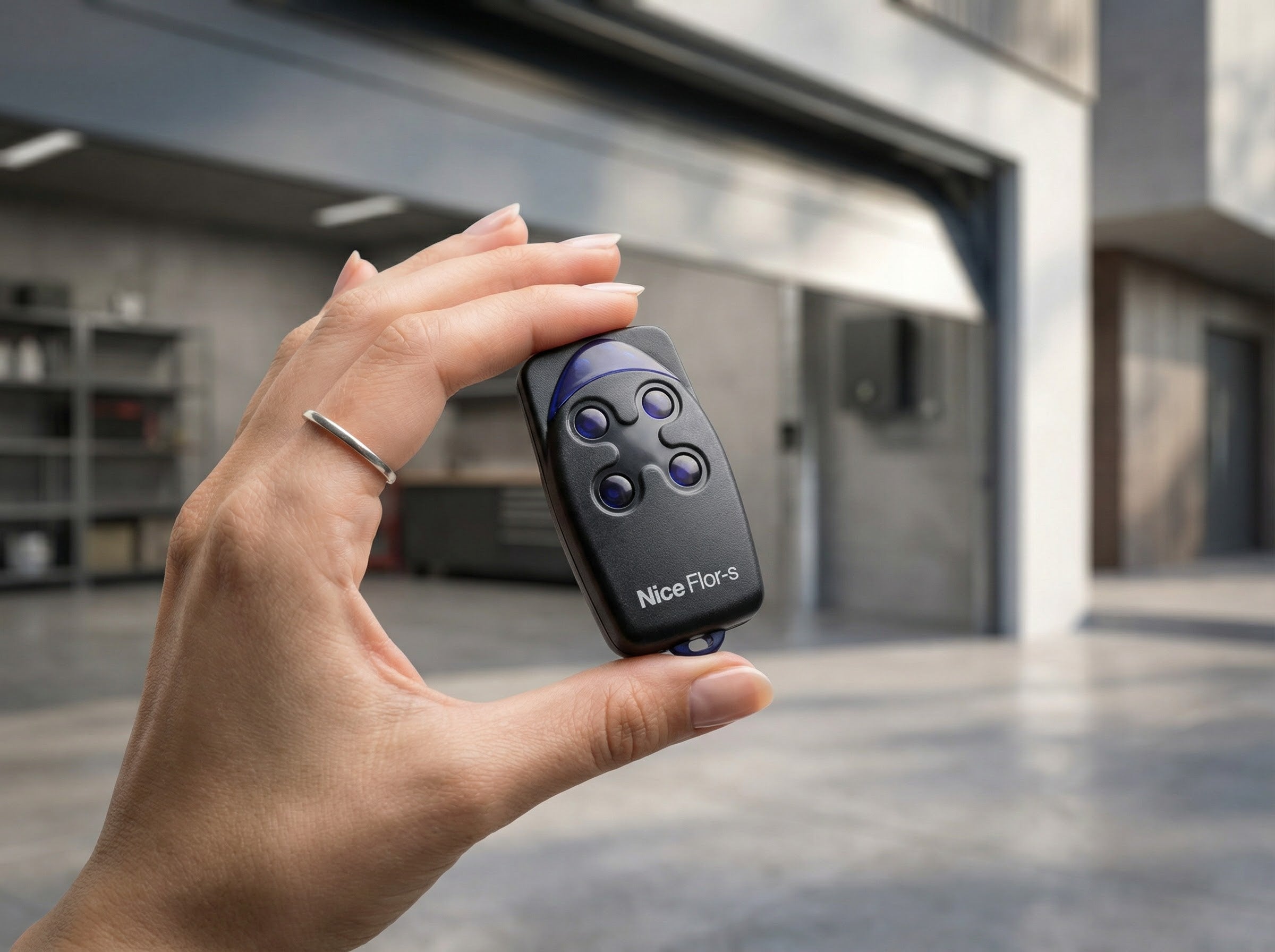 Hand holding a remote control with 'Nice' branding in front of a modern building.
