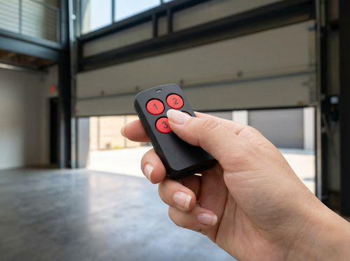 Hand holding a garage door remote control with a garage door in the background
