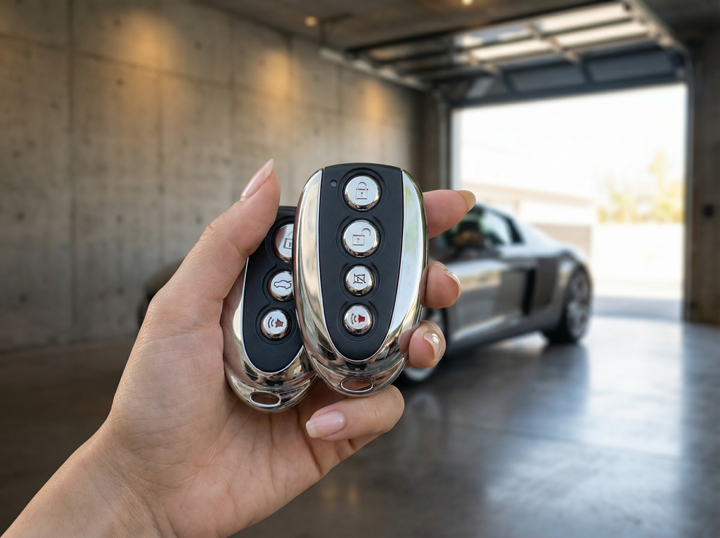 Hand holding a car key fob with a blurred background of a garage and car