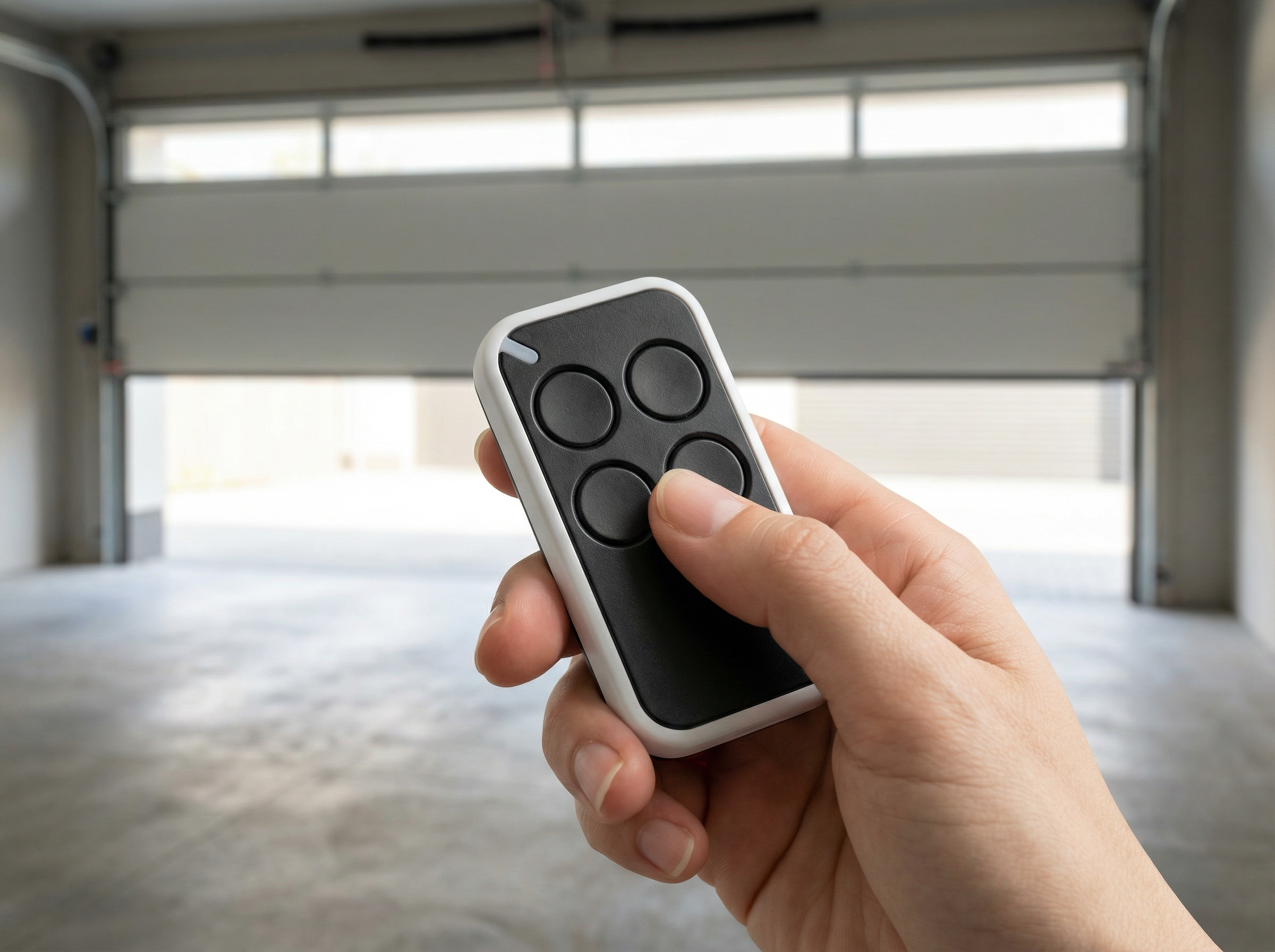 Hand holding a garage door remote control with a blurred garage door in the background