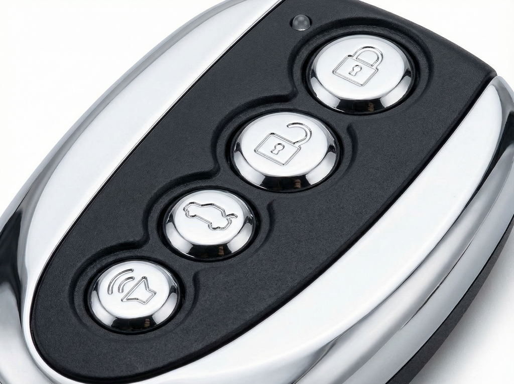 Close-up of a car remote control with four buttons on a white background