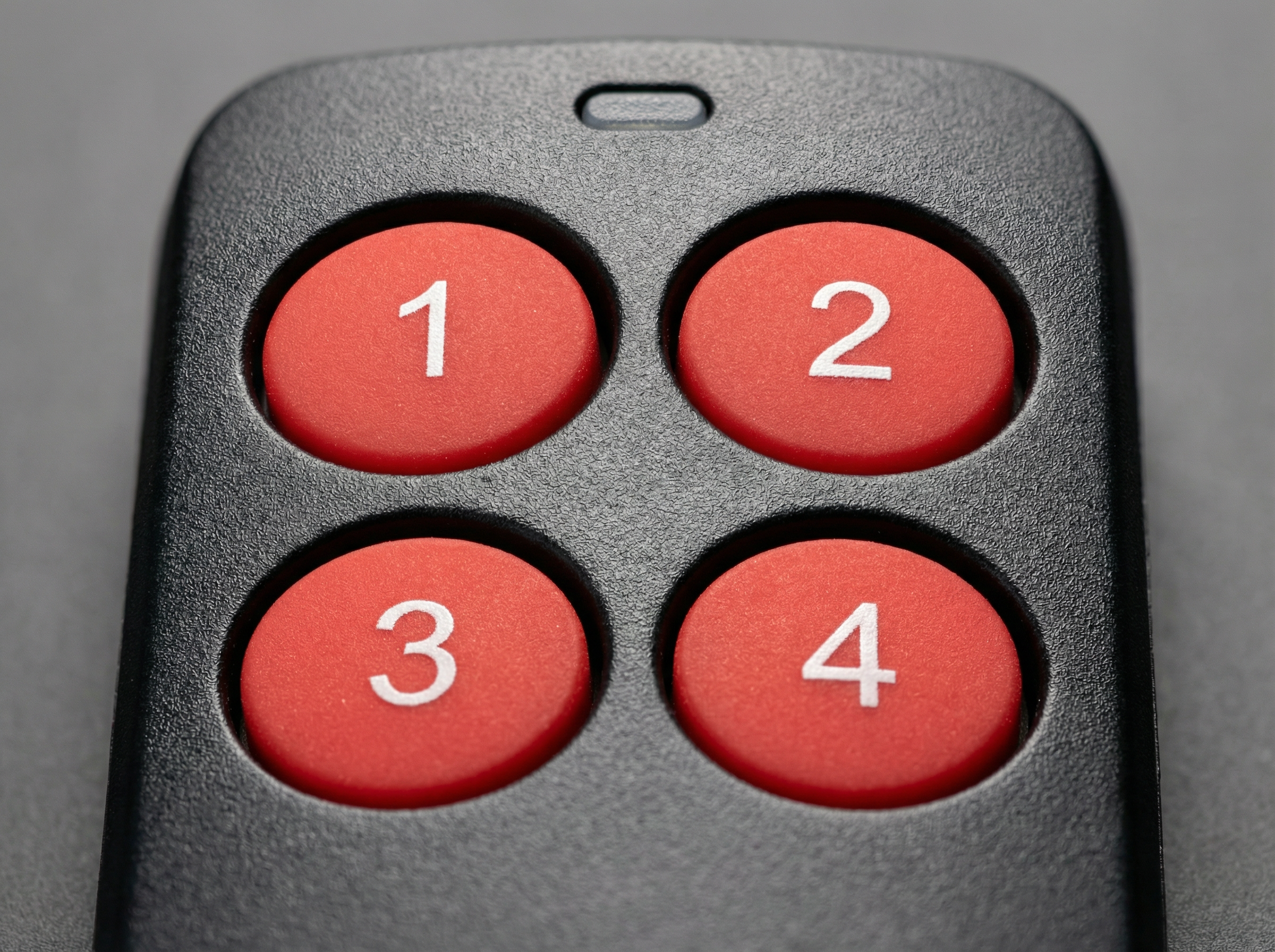 Close-up of a remote control with red buttons labeled 1 to 4 on a gray background