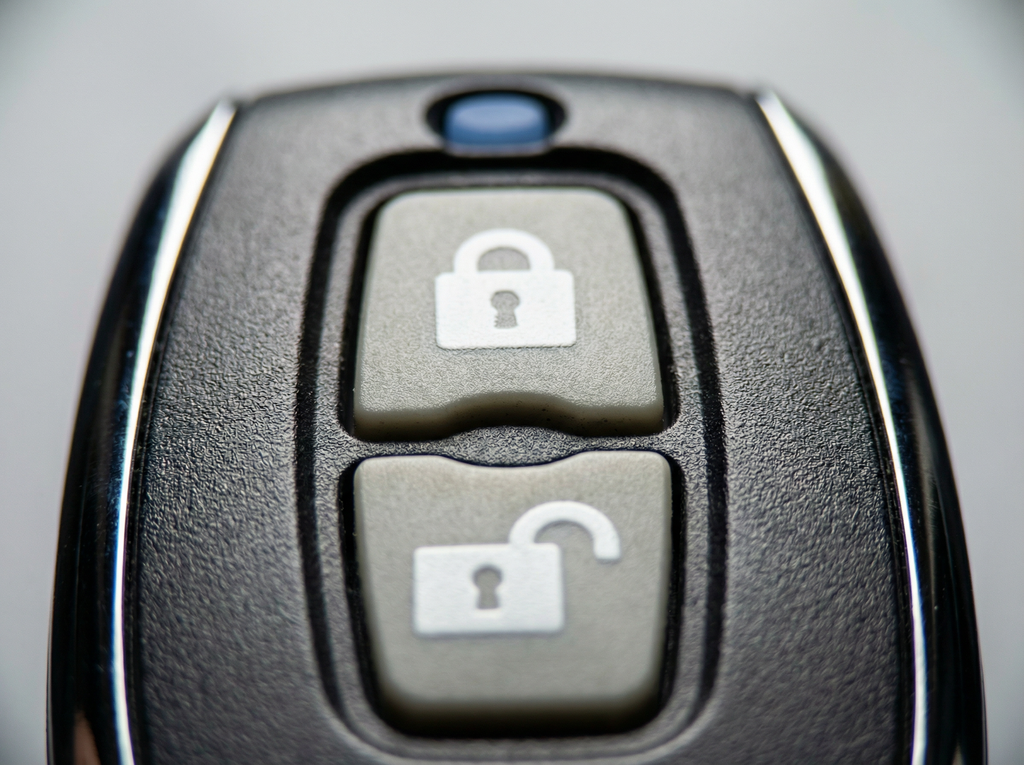 Close-up of a car key fob with lock and unlock symbols.