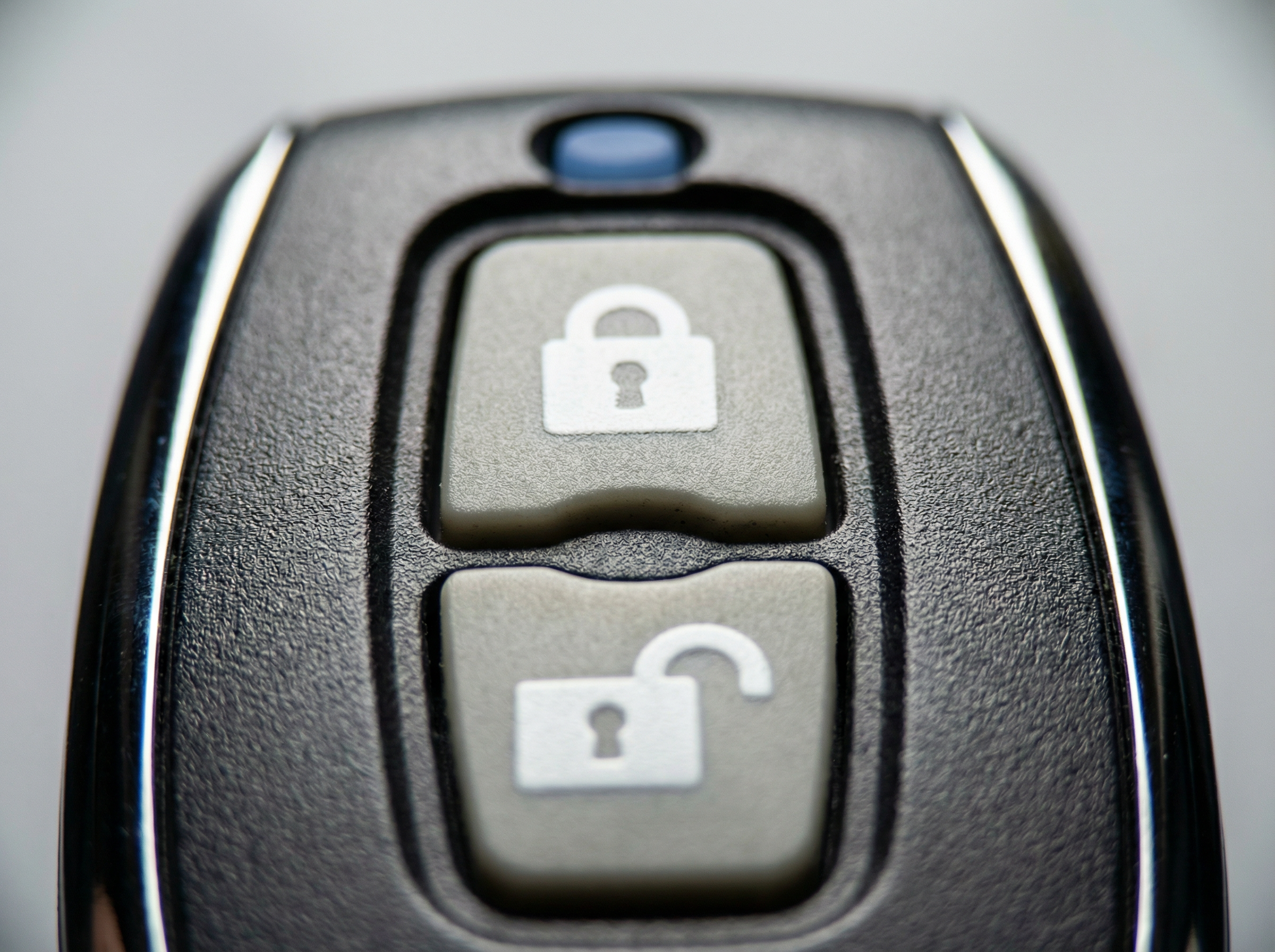 Close-up of a car key fob with lock and unlock symbols.