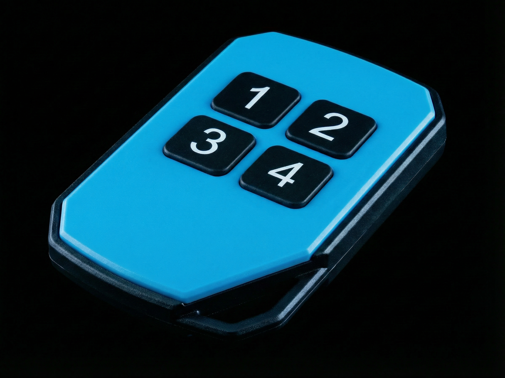 Blue electronic device with number buttons on a black background