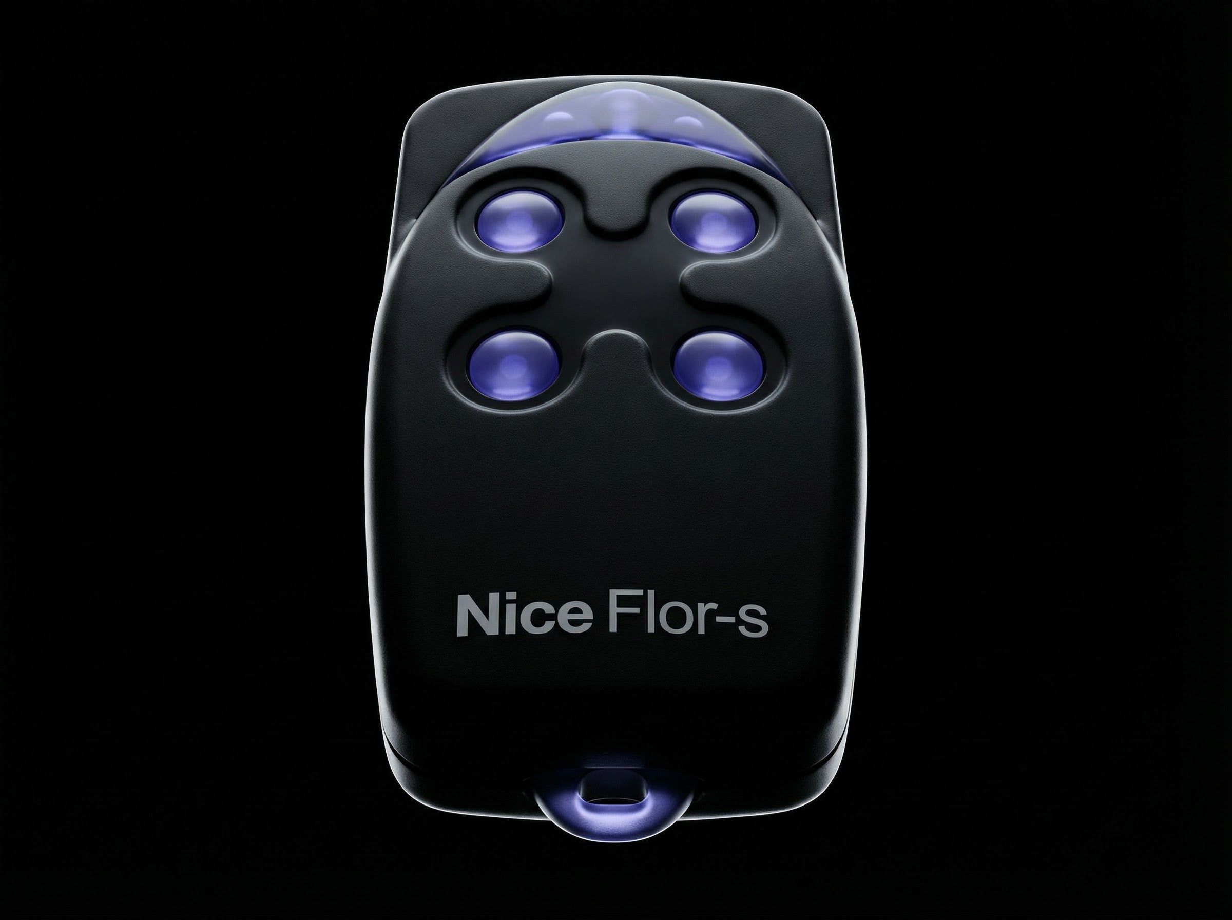 Black remote control with blue lights on a black background, branded 'Nice Flor-s'.