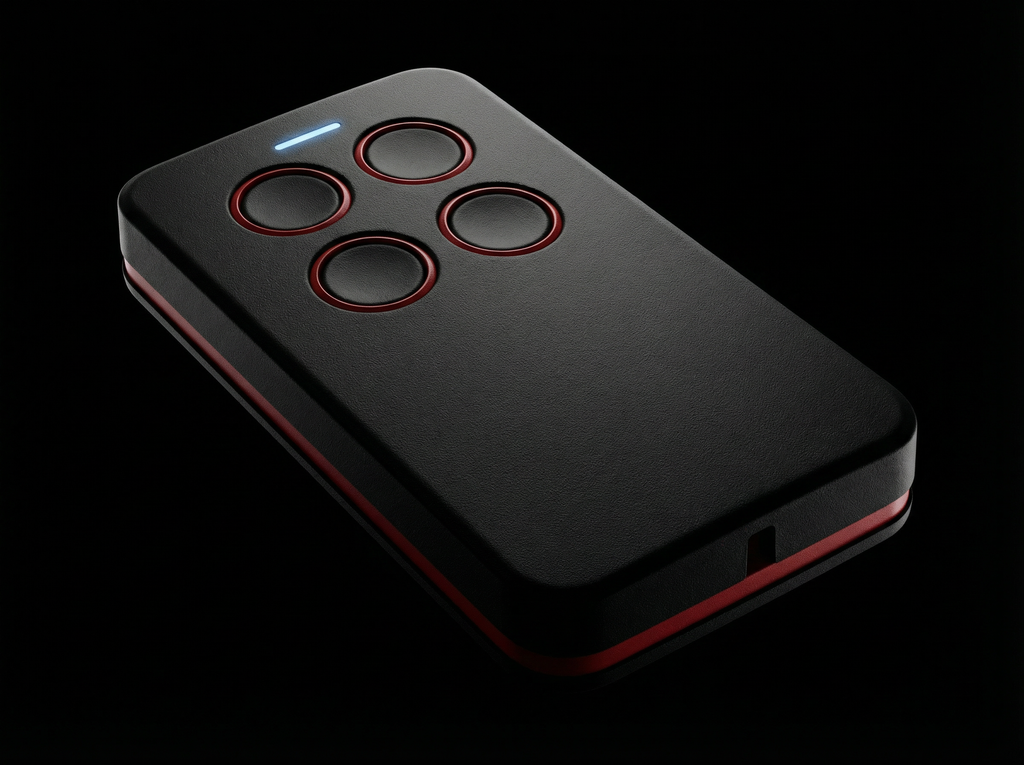 Black remote control with red accents on a black background