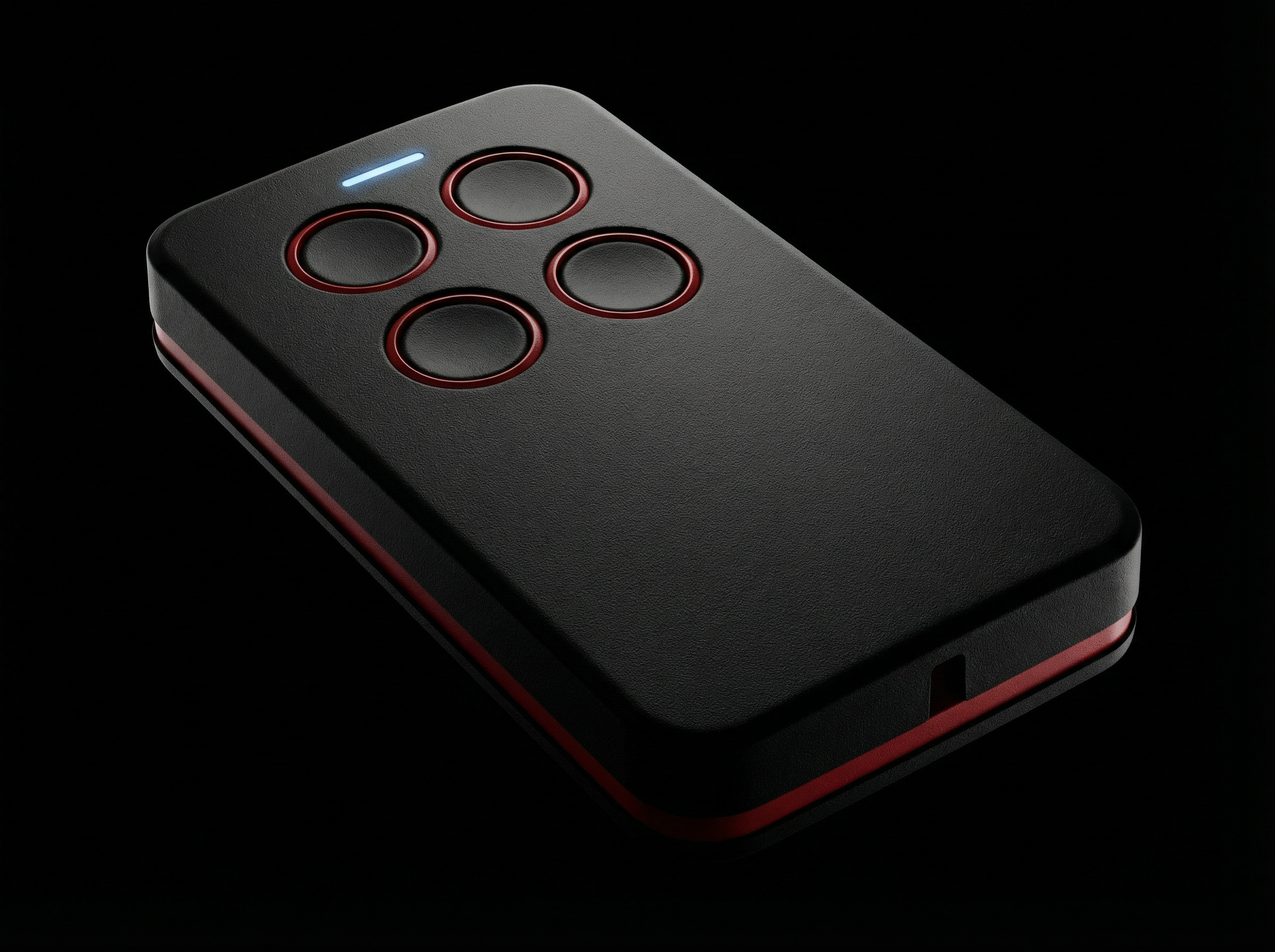 Black remote control with red accents on a black background