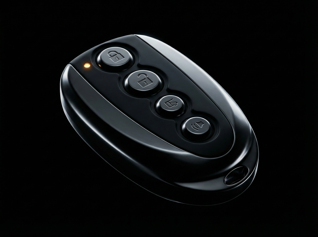 Black remote control with four buttons on a black background