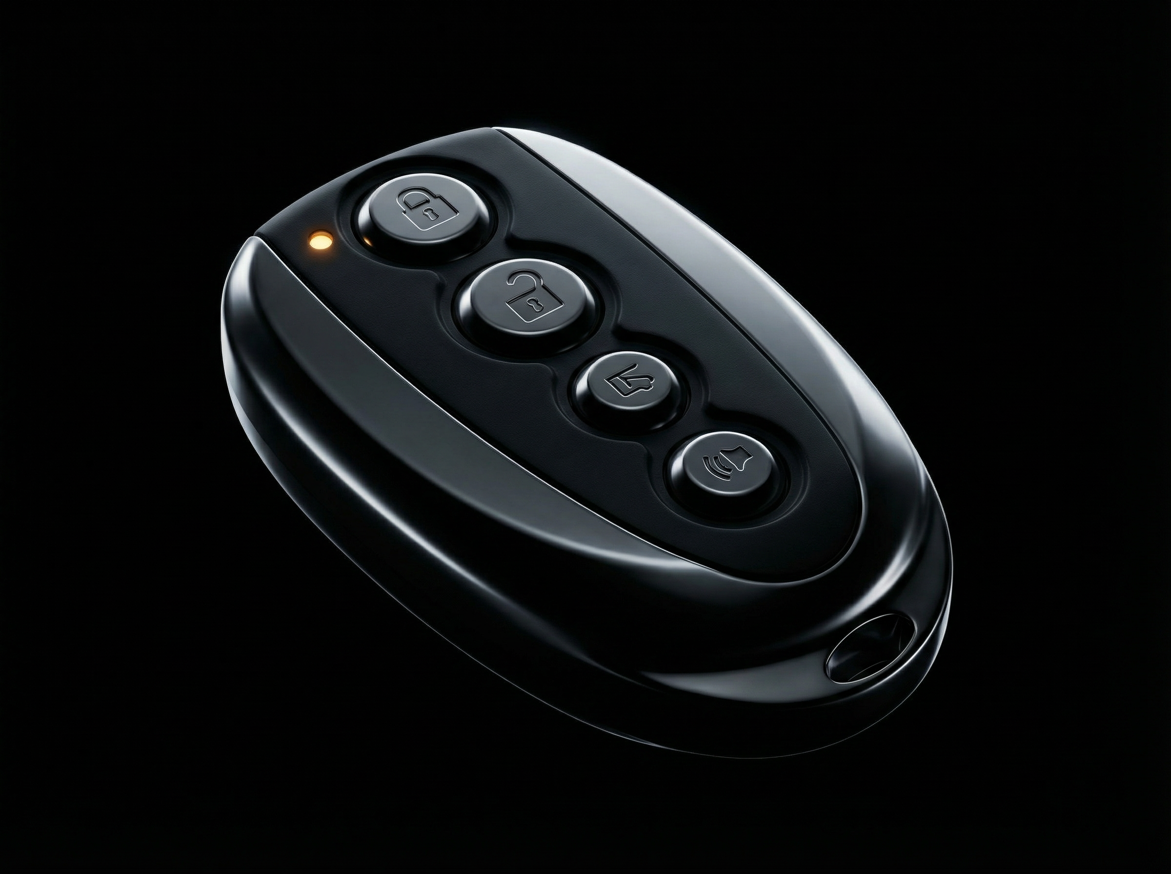 Black remote control with four buttons on a black background