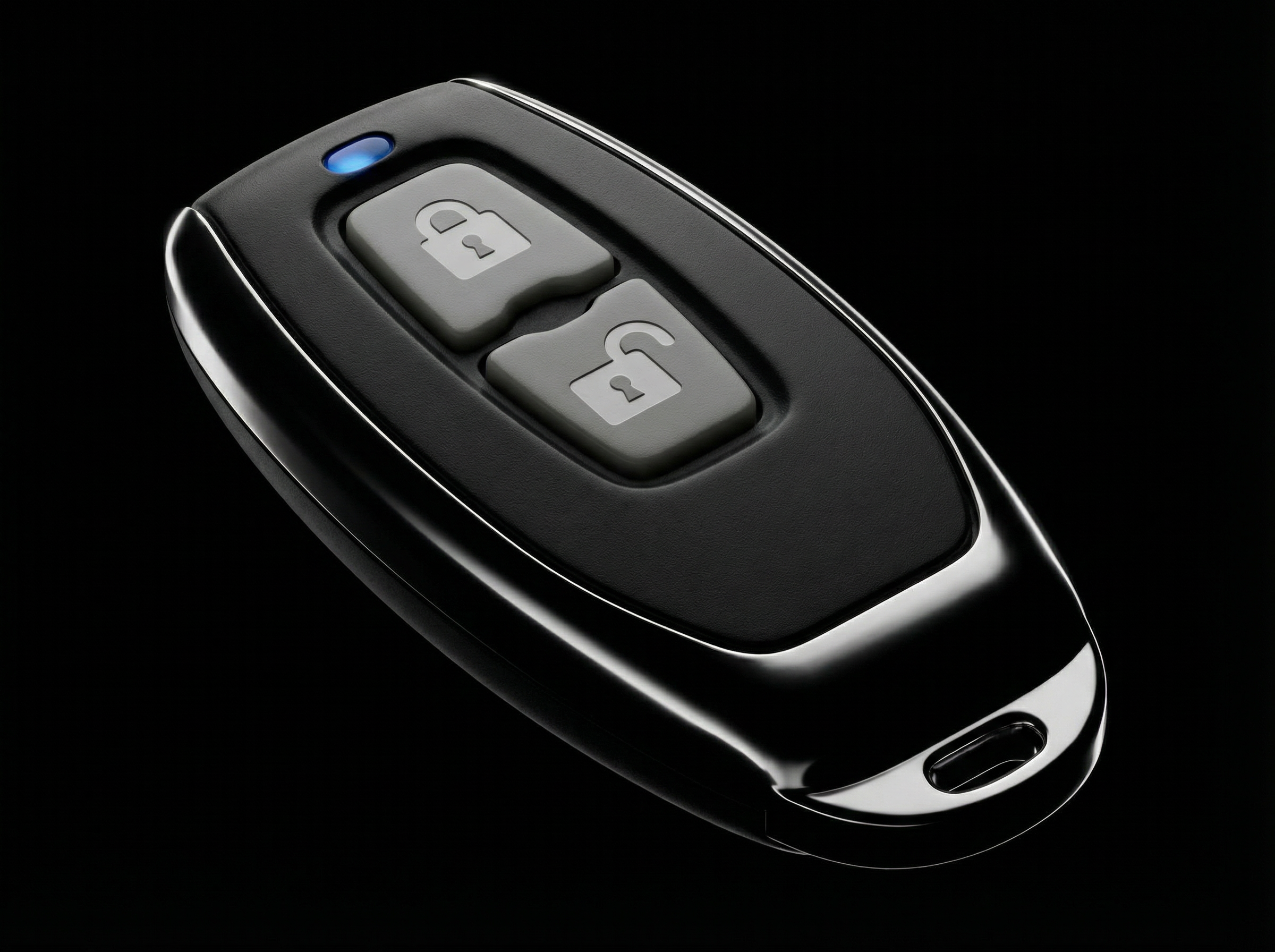 Car key fob with lock and unlock symbols on a black background