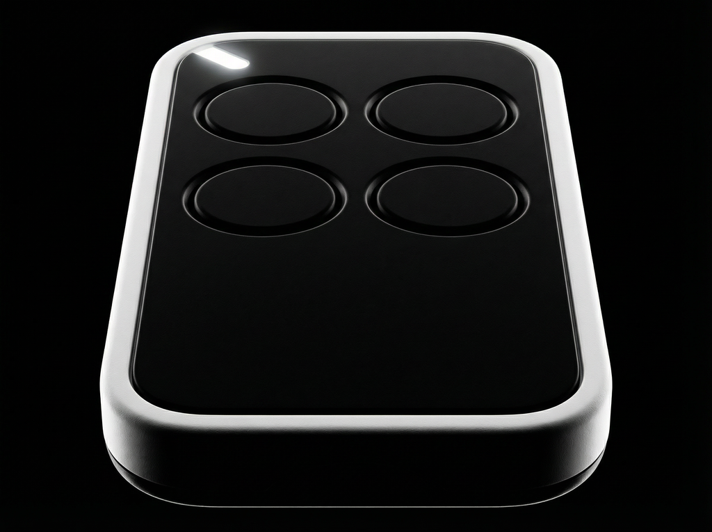 Black remote control with four buttons on a black background
