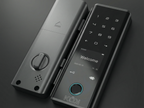 Smart door lock with digital keypad and touch screen on a dark background
